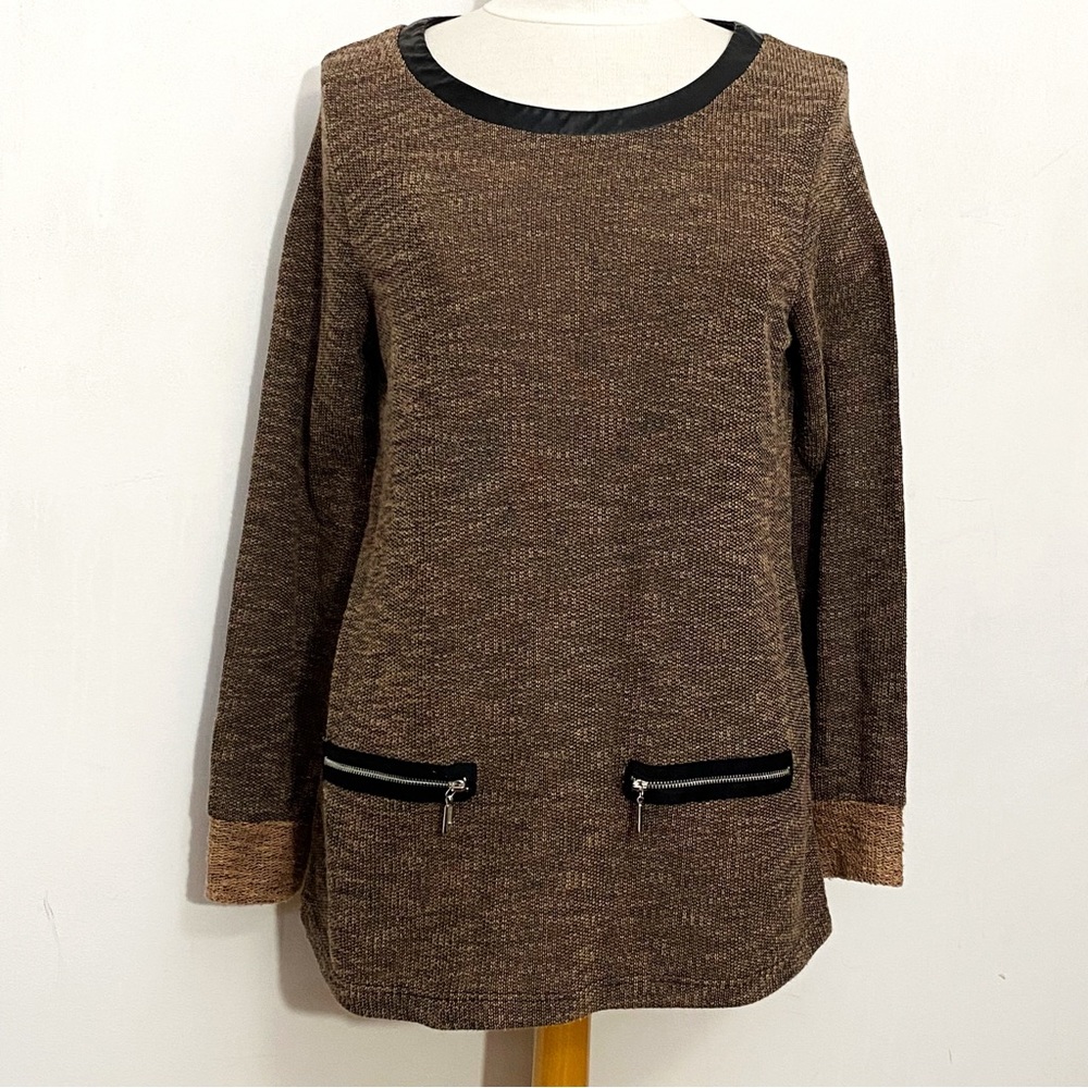 AGB French terry faux vinyl neck trim zipper details heathered brown XL